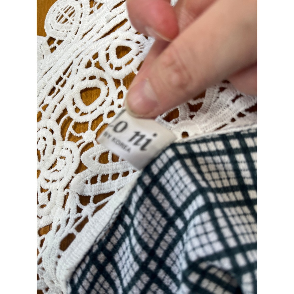 Korean Vintage Style Grid Print Midi Dress Crochet Lace Collar Black White Posh - Picture 14 of 14